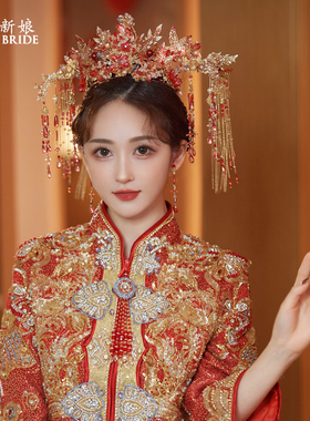 锦钰新娘红色花朵琉璃秀禾头饰中式复古高级大气凤冠婚礼发饰套装