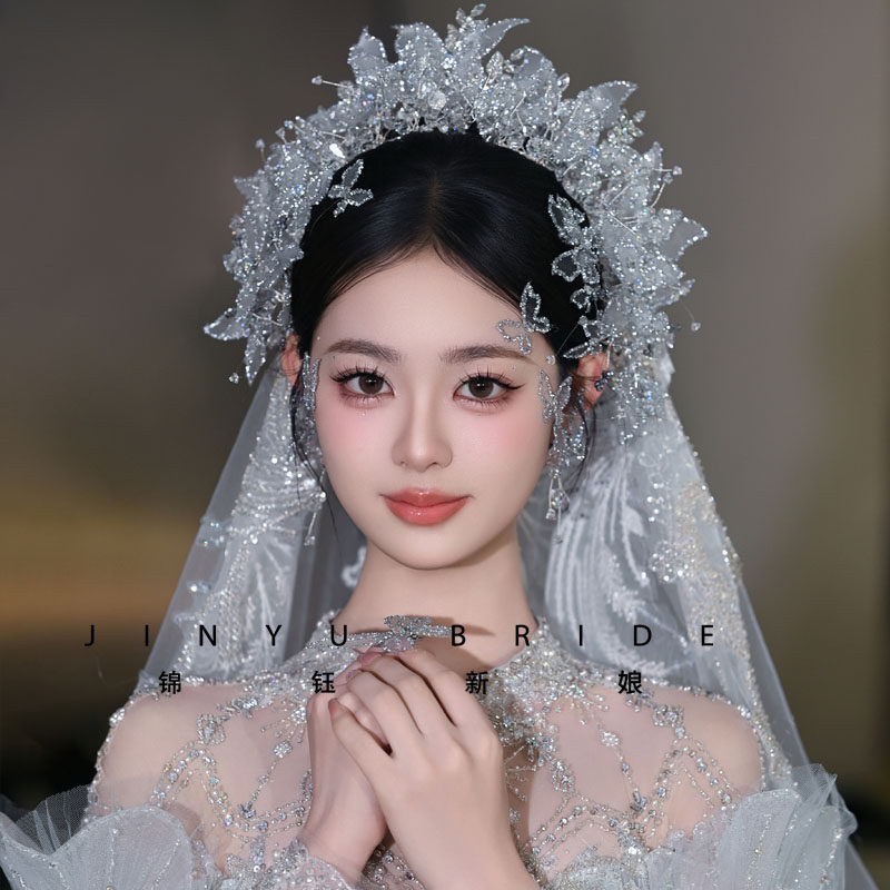 锦钰新娘手作薄纱碎钻蝴蝶新娘皇冠重手工大冠主婚纱冠写真公主冠