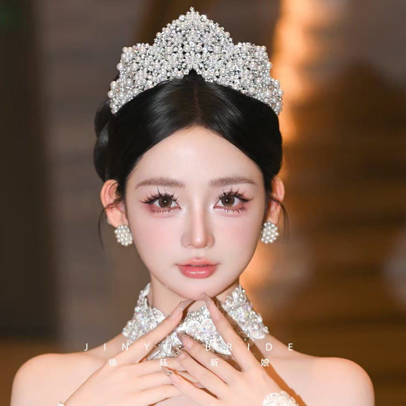 手工日韩珍珠皇冠耳饰新娘主婚纱
