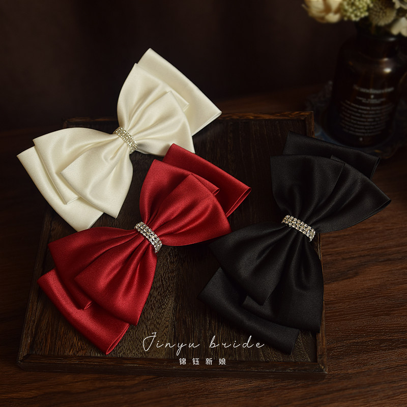 新娘结婚发饰红色蝴蝶结头饰盘发简约韩式造型礼服晚宴敬酒服发饰