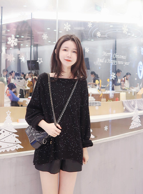 圣诞亮片黑色毛衣女2024冬季闪亮ins宽松大圆领慵懒风洋气针织衫