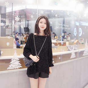 圣诞亮片黑色毛衣女2024冬季 闪亮ins宽松大圆领慵懒风洋气针织衫