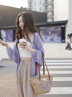 2025夏淡紫色亚麻天丝贝壳扣防晒长袖三亚开衫女度假空调衫通勤