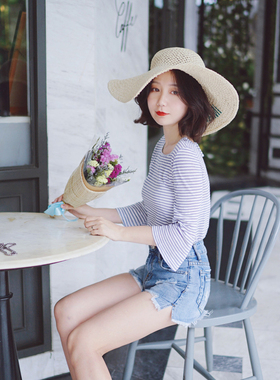 春夏紫色白色U领七分袖露锁骨露背镂空系带弹力透气喇叭袖T恤上衣