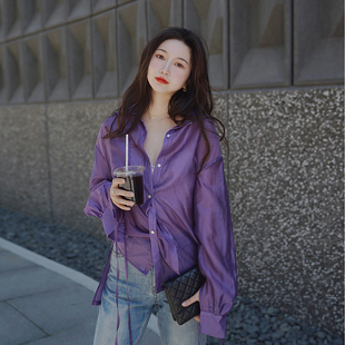 2025春度假三亚紫色天丝贝壳扣长袖 衬衣女 防晒设计感通勤衬衫