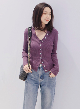 2023春毛衣紫色单排扣贝壳扣双V领修身显瘦长袖针织衫开衫上衣