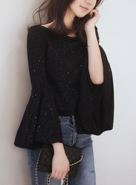 星星亮片弹力针织九分喇叭袖度假黑色显瘦修身套头一字领T恤上衣