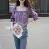 小衫 短款 女 淡紫色肌理感方领度假风蝴蝶结正肩泡泡袖 2024夏法式