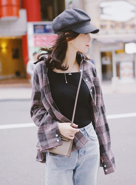 2024粉色灰色长袖格子衬衫女复古港味磨毛法兰绒薄款经典格纹外套