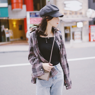 经典 女复古港味磨毛法兰绒薄款 格纹外套 格子衬衫 2024粉色灰色长袖