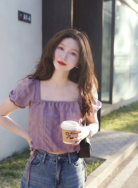 紫色淡紫夏法式方领泡泡袖短袖蝴蝶结度假减龄甜美上衣小衫LadyBH