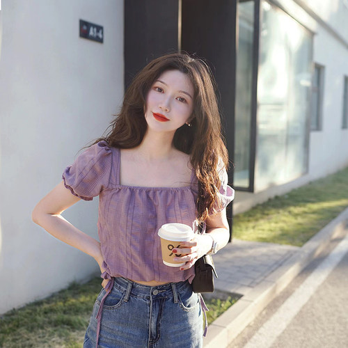 紫色方领甜美短袖蝴蝶结小衫
