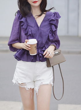 2025春夏紫色仙女荷叶边七分袖V领闪亮人鱼偏光雪纺上衣雪纺衫