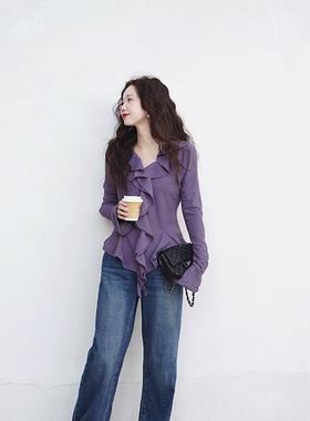 2025浆果紫V领肌理感喇叭袖显瘦通勤打底衫长袖荷叶边上衣女