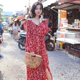 法式热带度假风红色碎花连衣裙女长袖显瘦大码开衫长裙两穿防晒