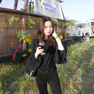 一字领闪亮星星亮片女T恤喇叭袖