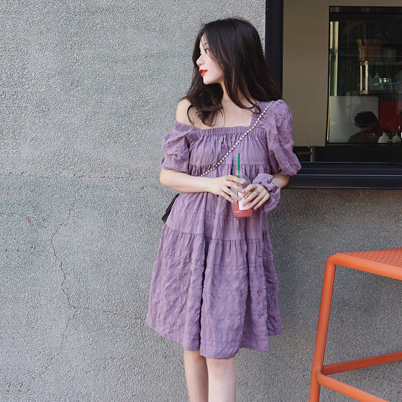 紫色肌理感方领法式宽松蛋糕裙减龄黑色娃娃裙孕妇连衣裙2024秋,女装/女士精品,连衣裙,淘宝优惠券,粉丝福利购,淘宝优惠卷