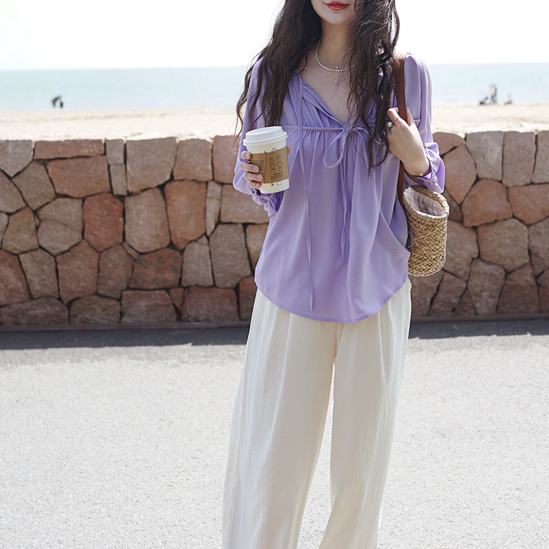 淡紫色天丝通勤上衣度假褶皱