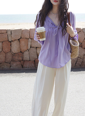 2024夏淡紫色天丝褶皱度假蝴蝶结系带防晒通勤丝滑凉爽宽松上衣女