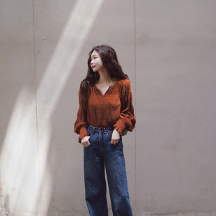 2026春夏度假三亚砖红色v领宽松褶皱显瘦遮肉海岛小衫 防晒上衣女