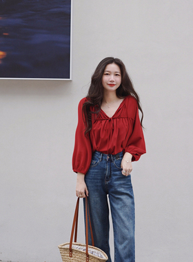 红色紫色天丝V领蝴蝶结衬衫女宽松法式度假风防晒衬衣雪纺衫系带