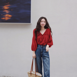 系带 度假风防晒衬衣雪纺衫 红色紫色天丝V领蝴蝶结衬衫 女宽松法式