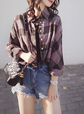 2024秋粉灰色格子衫小个子短款宽松外套磨毛法兰绒经典长袖衬衫