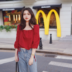2025春夏正红色大红复古方领泡泡袖 凉快显白显瘦通勤蝴蝶结上衣女