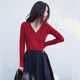 毛衣围裹交叉一片式 2025秋通勤红色长袖 v领修身 收腰针织上衣女