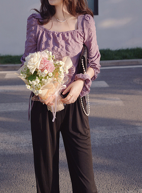 2024秋浅紫色方领甜美泡泡袖七分袖系带宽松显瘦雪纺上衣女