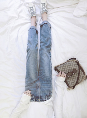 2025春夏蓝色磨白复古须边显瘦中腰翻边直筒老爹裤牛仔裤九分裤女