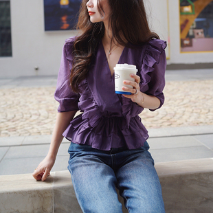 女气质上衣短袖 偏光荷叶边V领雪纺衫 春夏 浪漫泡泡袖 天丝紫色法式