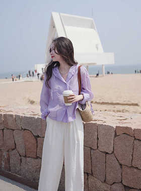 淡紫色上衣衬衫女2024夏贝壳扣透气凉感长袖连帽衬衣肌理感防晒衣