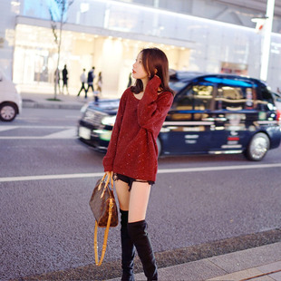 2025秋冬烂番茄酒红色大圆领一字领亮片毛针织衫 毛衣女 中长款