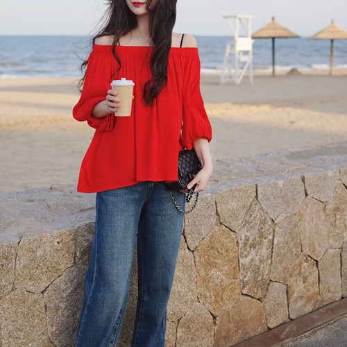 春夏度假红色棉透气一字肩小衫