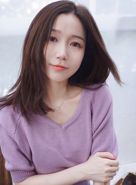 秋港风莫兰迪紫粉紫色温柔泡泡袖毛衣显白短款七分袖针织上衣日系