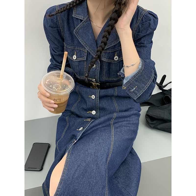 红人馆牛仔连衣裙女2020秋冬新款收腰显瘦气质复古长袖中长款裙