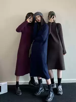 Knitted dress women's 2021 autumn and winter new mid-length half-high neck slim-fit over-the-knee thickened bottoming sweater skirt