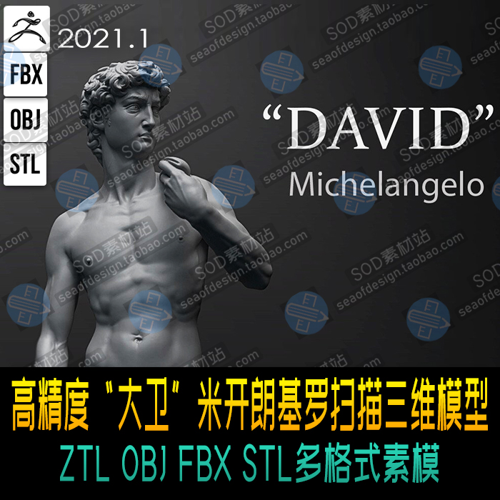 扫描高精度“大卫”米开朗基罗三维模型  ZTL OBJ FBX STL多格式