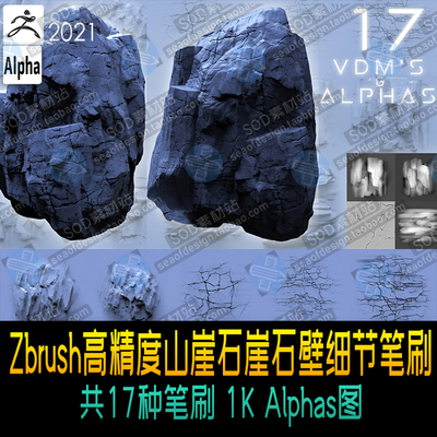 Zbrush17个高精度山崖石崖石壁细节笔刷 1K Alphas图 ZB笔刷