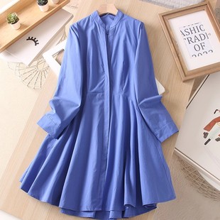 包邮！外贸原单 春秋季 纯色简约文艺立领立体裁剪衬衫长袖连衣裙