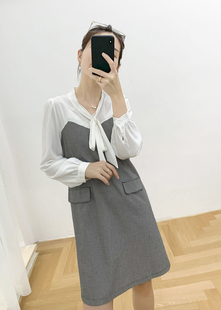 特价 OL通勤风飘带撞色拼接小千鸟格假两件连衣裙 外贸原单夏秋季