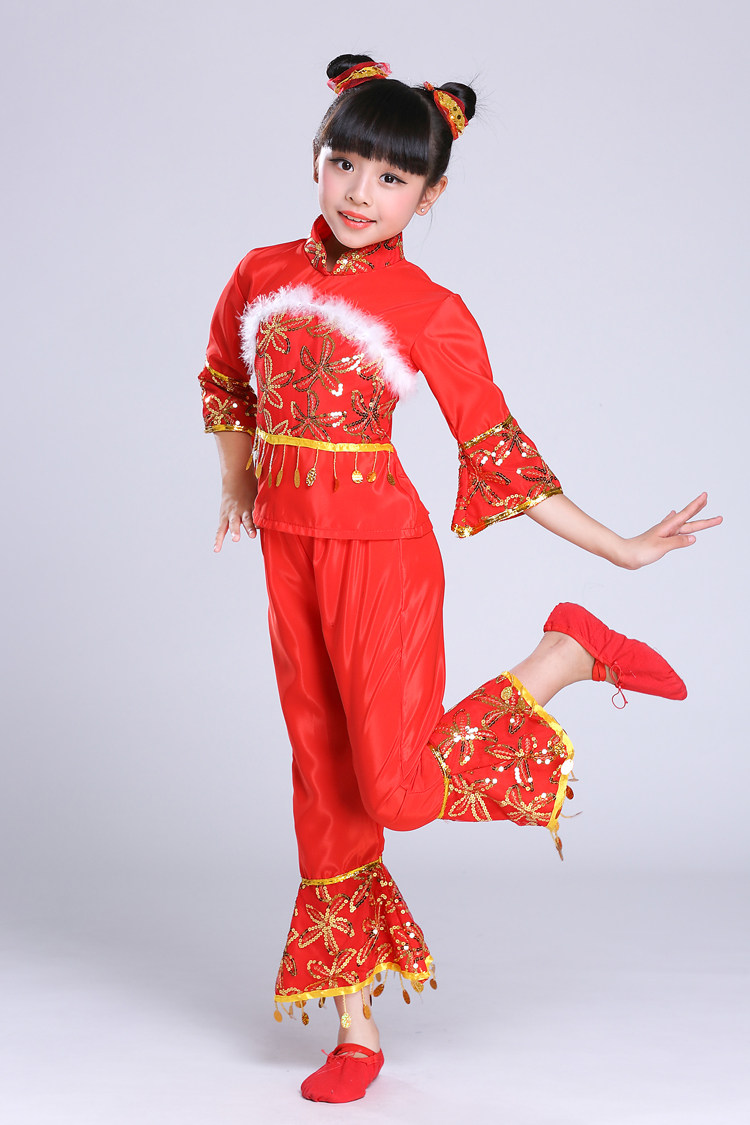 儿童秧歌服女童汉族演出服红色亮片扇子舞服表演服演出服喜庆汉族