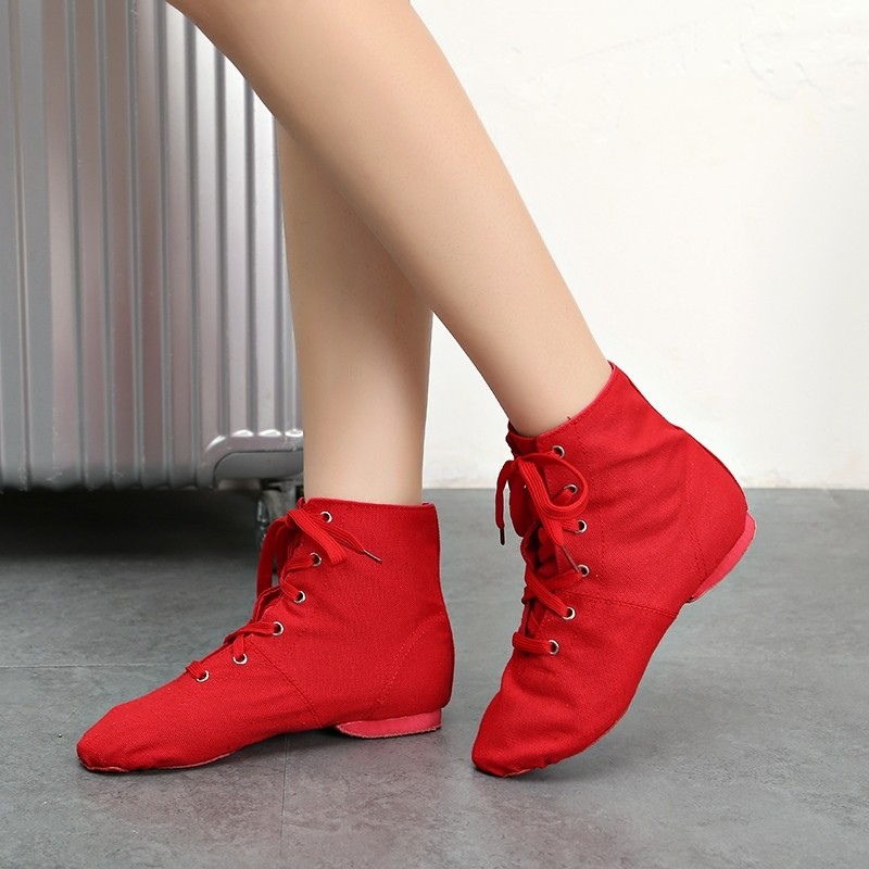 高帮爵士靴现代舞蹈鞋民族帆布表演鞋儿童演出鞋女红芭蕾舞鞋瑜伽