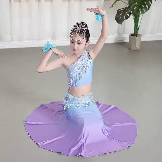儿童傣族舞蹈服练功考级演出女童孔雀舞鱼尾裙表演服大摆裙傣妹妹