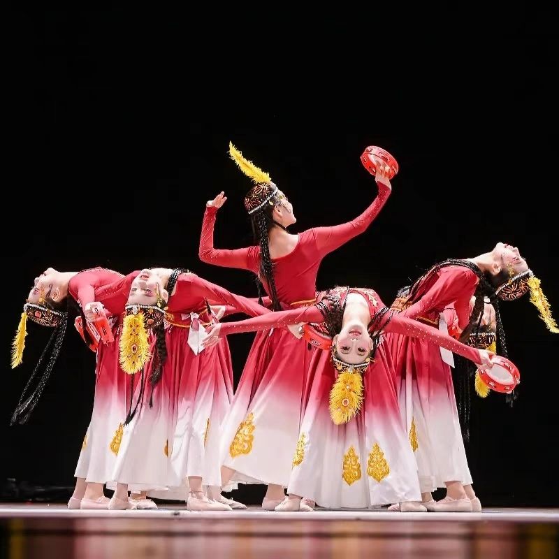 儿童石榴红了铃鼓舞蹈新疆舞演出服娃哈哈绽放维吾尔族艺考舞蹈服