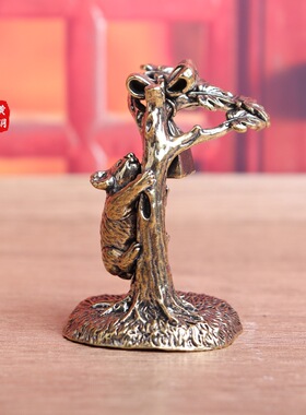 黄铜母猪上树摆件家居装饰品办公室桌面茶宠工艺品手把玩件摆件