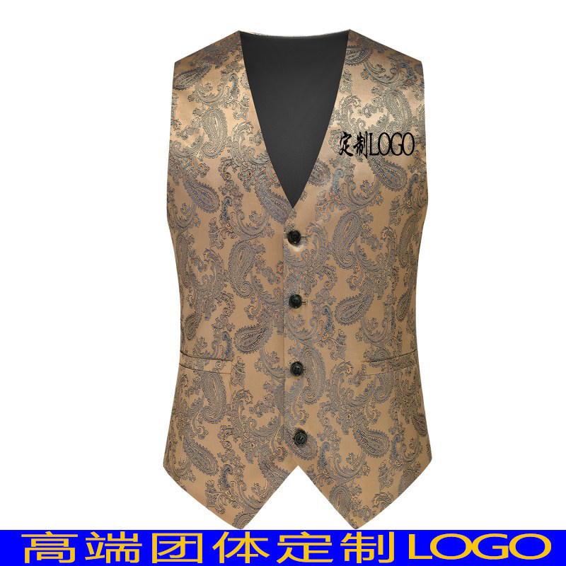 英伦丝光亮面提花西装马甲男主持礼服大码碎花背心马夹发型师外套