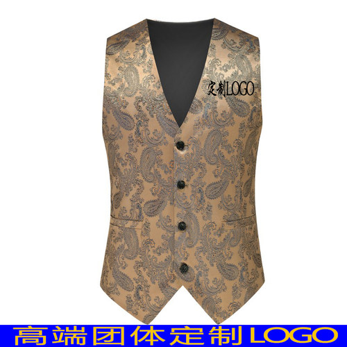 英伦丝光亮面提花西装马甲男主持礼服大码碎花背心马夹发型师外套