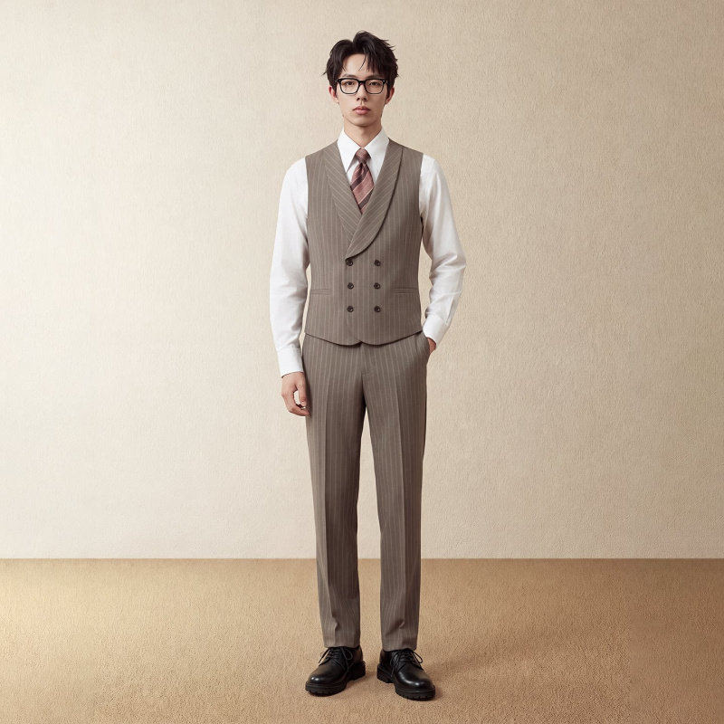 绅士高定款西装马甲男双排扣修身工装背心新郎伴郎结婚礼服套装潮